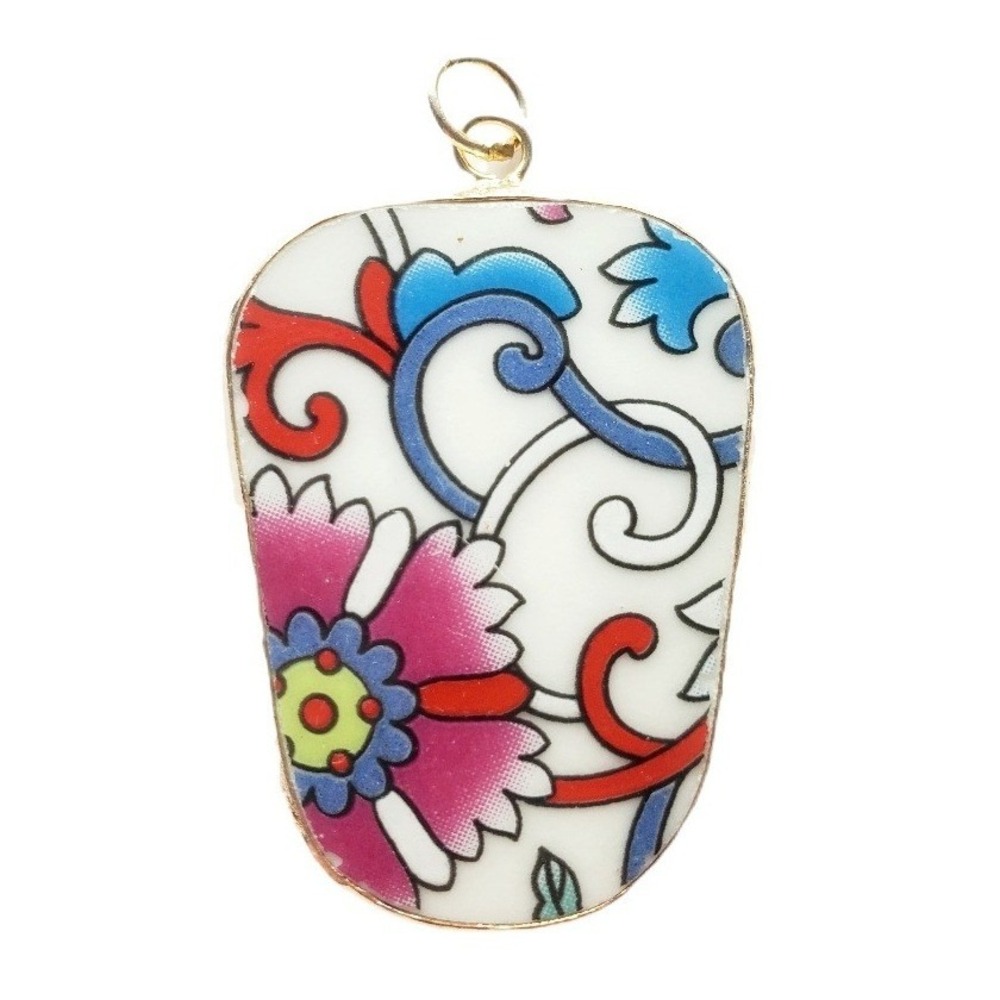 Floral Flourish‎ Chinoiserie Pendant Pink Blue Porcelain Pottery Shard Jewelry